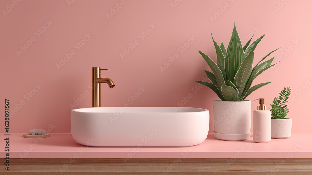Fototapeta premium A minimalist modern bathroom sink setup with a sleek white basin, brass faucet. AI generated