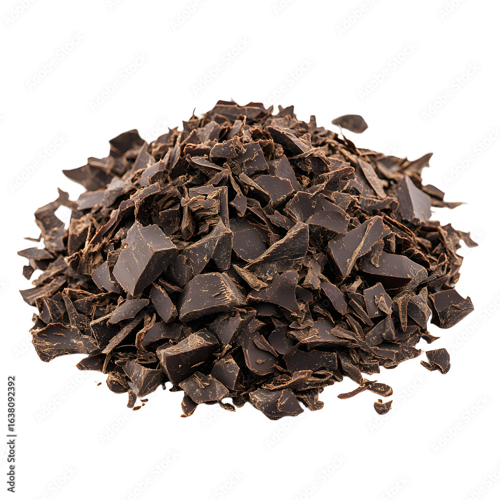 Obraz premium Delicious Dark Chocolate Chunks and Shavings Pile Isolated on White Background