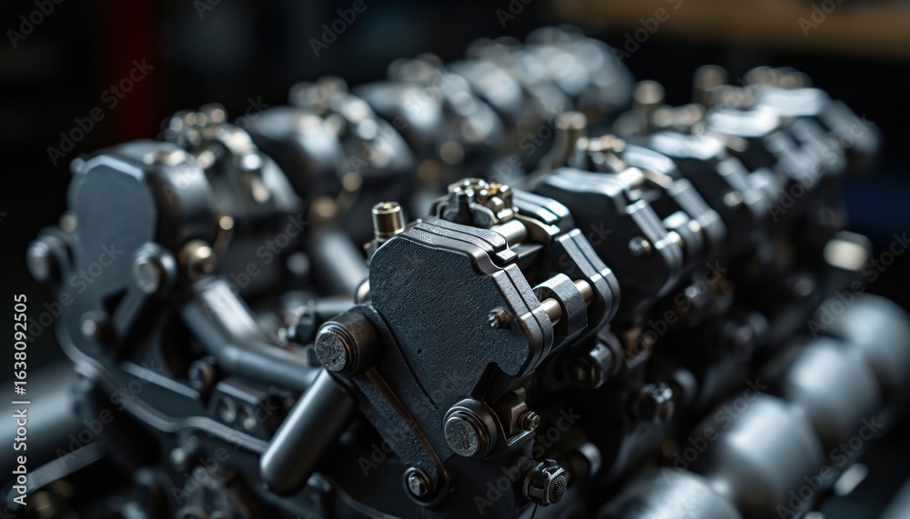 Naklejka premium Detailed close-up of internal combustion engine cylinder head assembly. Intricate metal components, valves, mechanical parts visible with shallow depth of field, focusing on precision engineering.