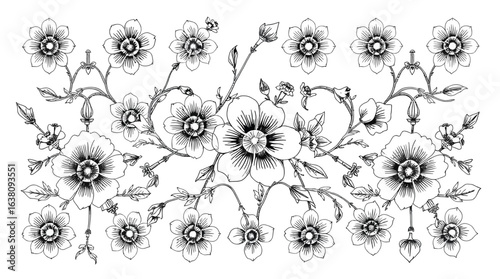 Ornate black and white floral design with detailed blossoms and vines.