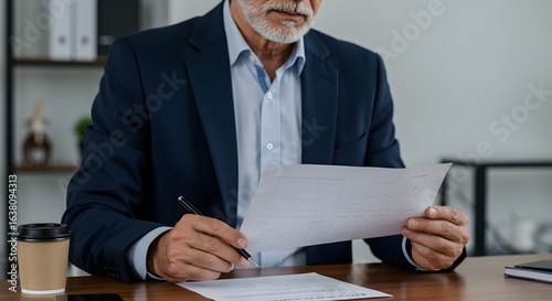 Mature businessman in a suit reviewing financial reports and graphs at his desk with a coffee cup