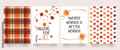 Set of modern trendy art style autumn poster, card with bright beautiful fall leaves and quotes for wall art. Fall background, template for ads, web, sale, social media, print, banner, cover, flyer.