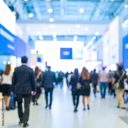 Blurred ambiance of bustling convention hall showcasing a modern technology trade show with
