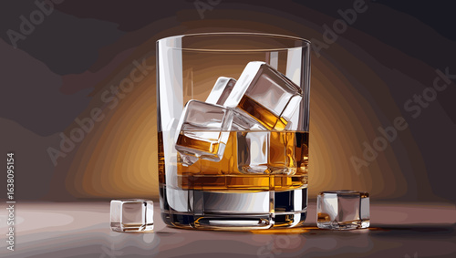 Whiskey glass with ice cubes on a warm gradient background