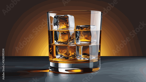 Whiskey glass filled with ice cubes and amber liquid against a warm gradient background