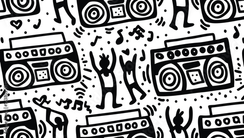 Black and white pattern with boomboxes dancing figures and musical notes in a playful arrangement style