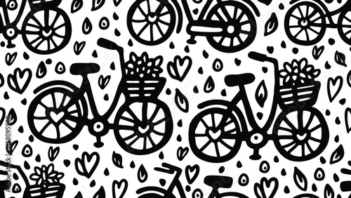 Seamless pattern of bicycles with flower baskets hearts and dots in black and white style drawing art