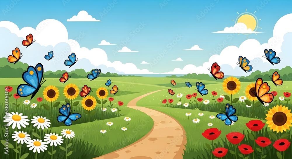 Fototapeta premium Colorful Butterflies Flying Over Green Meadow Landscape Illustration