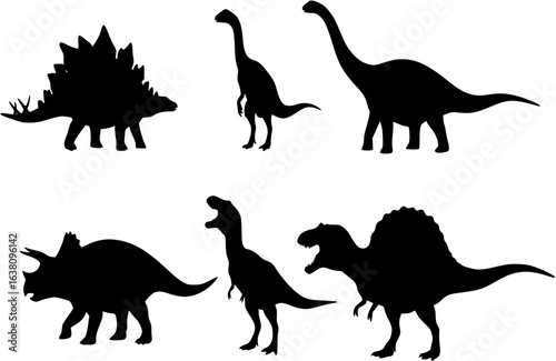 Vector illustration of dinosaur silhouette including Stegosaurus, Brontosaurus, Velociraptor, Triceratops, Tyrannosaurus rex, and Spinosaurus.
