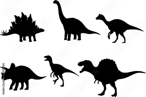 Vector illustration of dinosaur silhouette including Stegosaurus, Brontosaurus, Velociraptor, Triceratops, Tyrannosaurus rex, and Spinosaurus.
