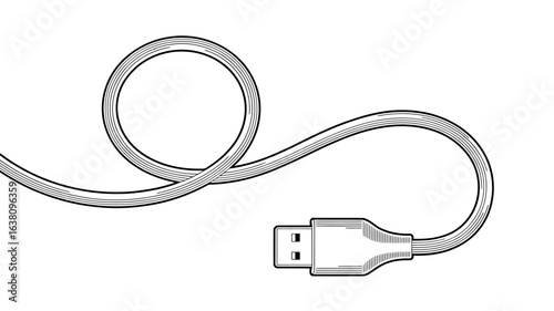 Black and white illustration of a USB cable with elegant curves and detailed texture on a clean white background highlighting connectivity and technology