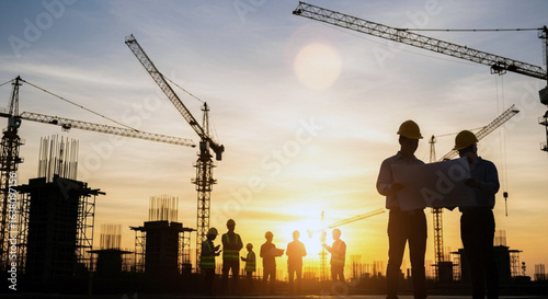 Silhouette of Engineer and Construction Team at Work Site with Sunset Pastel Sky and Light Flares for Industry Background