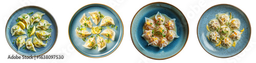 Assorted dumplings with seafood presented on blue plates in elegant arrangement. Isolated set