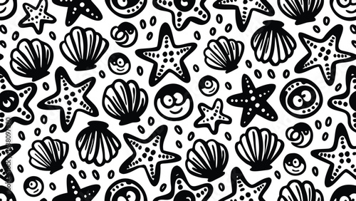Seamless pattern of black and white sea life elements featuring starfish shells and whimsical sea creatures artfully drawn