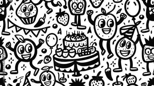A whimsical doodle pattern featuring a birthday cake and fruits with cheerful cartoon expressions and confetti