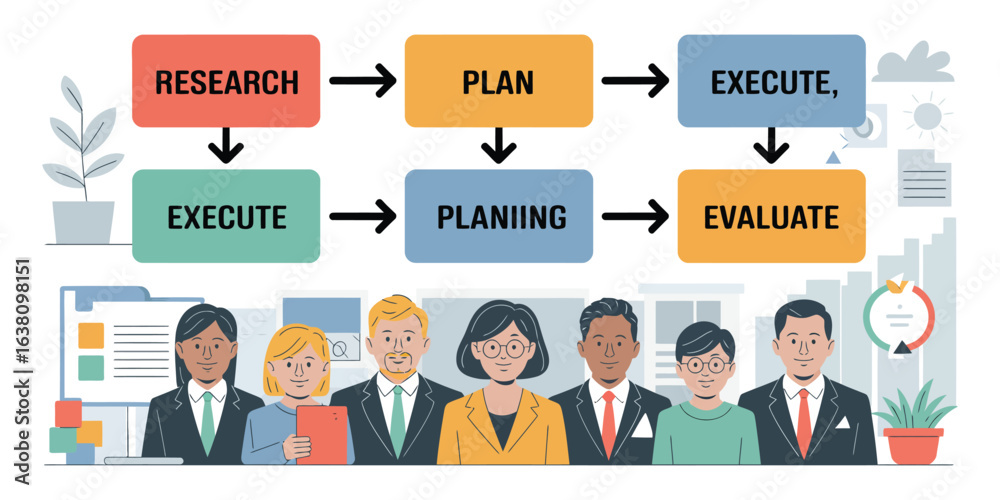 Naklejka premium Business process flowchart with diverse team illustrating research, planning, execution, and evaluation stages in strategic project workflow