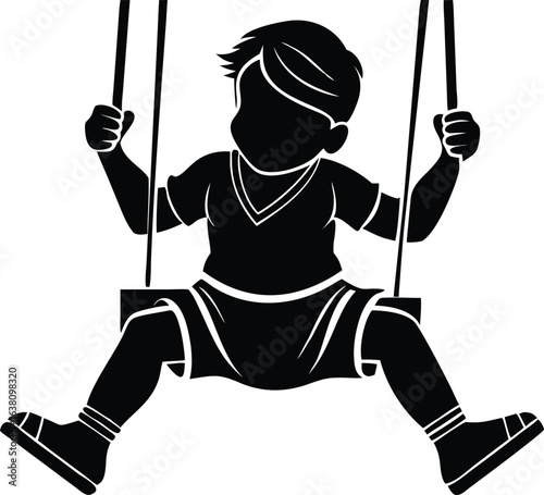 PrintA silhouetted boy swings, legs wide, hands gripping ropes, against a stark white background, creating a playful, energetic, and graphic illustration.
