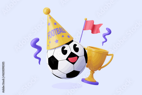 Cheerful Cartoon Soccer Ball Wearing Party Hat Near Trophy and Flag.