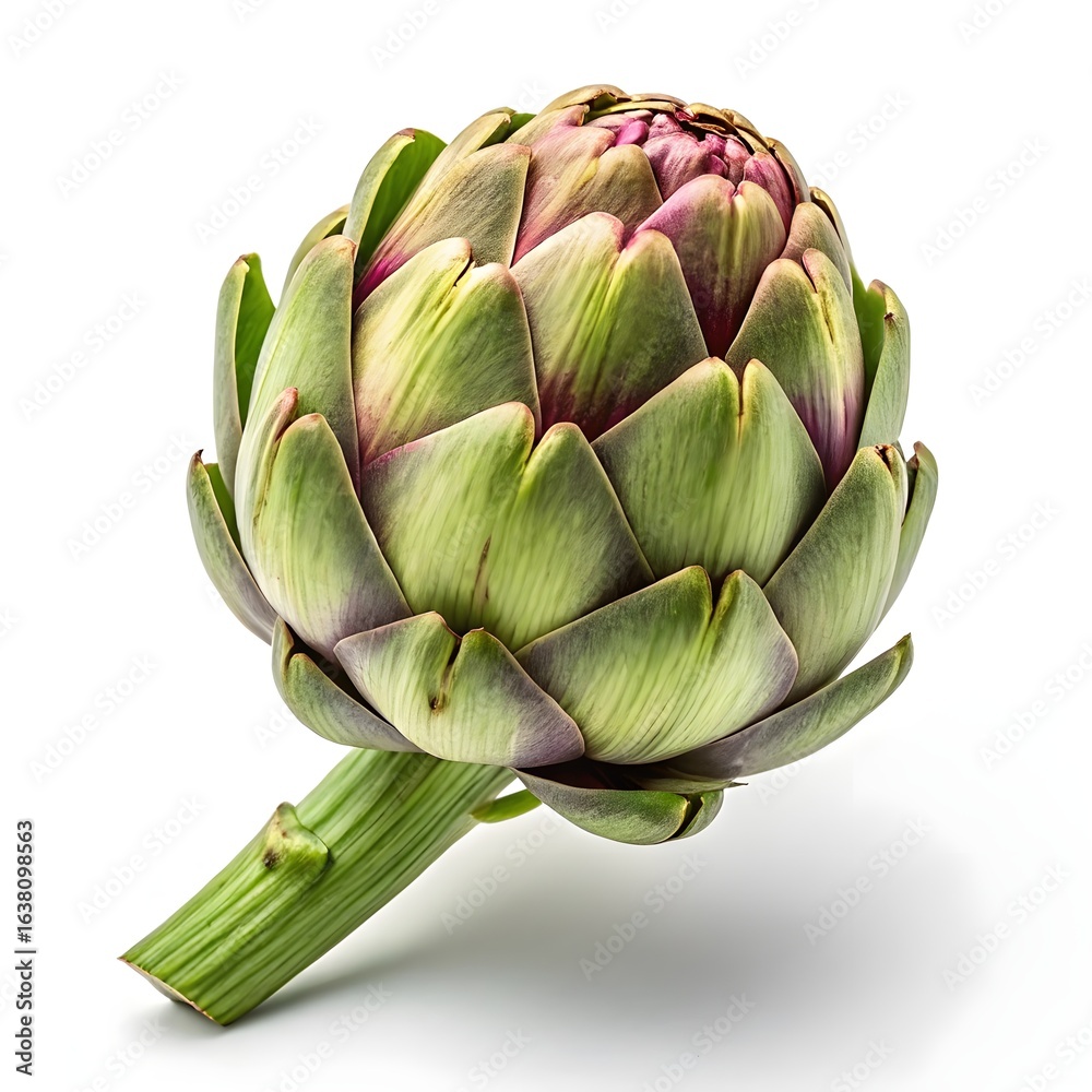 Fototapeta premium Carciofo Romanesco Artichoke Large Green Globes with Sculpted Layered Petals in Elegant Studio Still Life on Pristine White Background