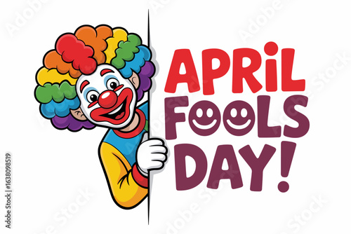 Playful April Fools Day Illustration Featuring a Cheerful Clown Peeking from Behind a Sign.