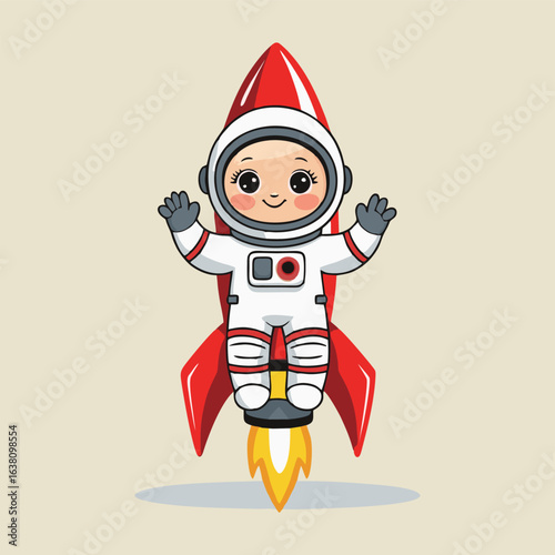 Charming cartoon astronaut dabbing while balancing on a sleek rocket, surrounded by fluffy clouds and sparkling stars.