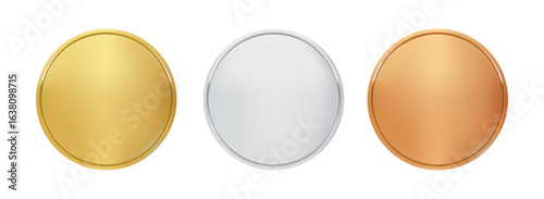 Award Gold, Silver, and Bronze Blank Medals – 3D Vector Realistic Illustration of First, Second, and Third Place Medals or Buttons Isolated on White Background, Quality Blank Badge and Emblem Set for 