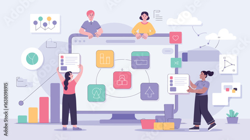 Team collaborating on data visualization and analytics with charts, flowcharts, and diagrams on large digital screen in modern workspace