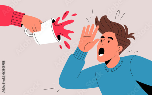 Funny Coffee Splash Prank Illustration – Surprised Man Dodging Drink Spill.