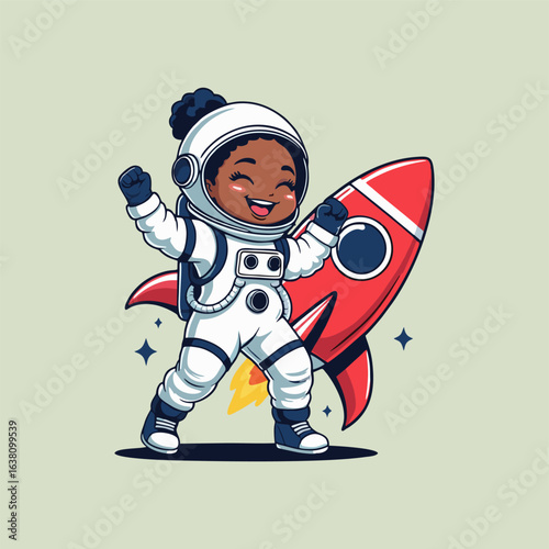 Endearing astronaut dabbing on a rocket, with a trail of colorful stardust behind and cheerful alien friends cheering in the background.