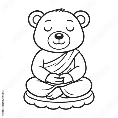 Line art of bear monk meditating on the seat cushion cartoon vector