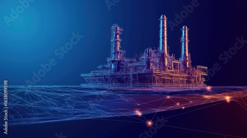 Oil production low poly wireframe banner template. Polygonal naphtha industry, earth mining, mineral resource extraction mesh art illustration. 3D oil refinery, plant equipment with connected dots