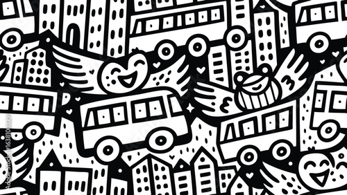 Black and white doodle pattern featuring flying buses, buildings, and smiling cartoon characters in a city scene