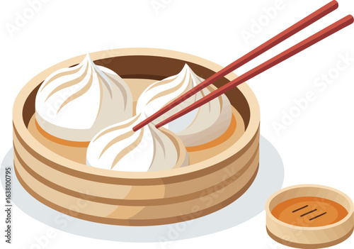 Indulge in steamed dumpling bliss served in bamboo baskets with chopsticks and a savory dipping sauce.