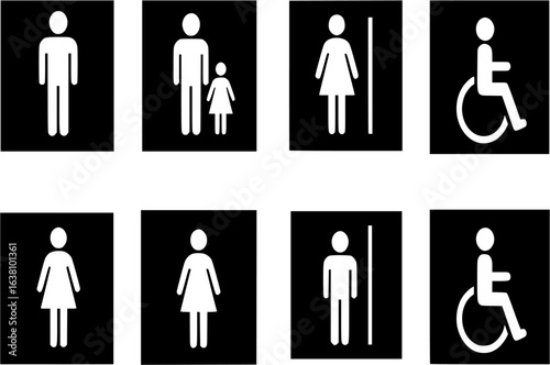 WC signs set. Man, woman, mother with baby and handicapped silhouettes isolated on white background. Male and female toilet door icons. Lady and gentleman restroom symbol. Cast logo concepts. Vector 