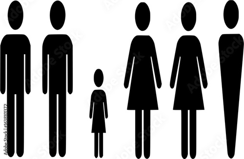 WC signs set. Man, woman, mother with baby and handicapped silhouettes isolated on white background. Male and female toilet door icons. Lady and gentleman restroom symbol. Cast logo concepts. Vector 