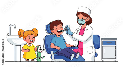 Child undergoes dental examination and treatment with a dentist. Suitable for dental care promotions or childrens healthrelated materials.