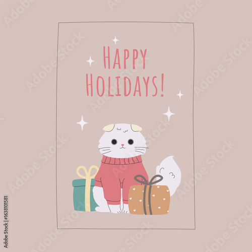 Hand drawn Christmas card with fluffy cat in a cozy sweater surrounded by gifts and twinkling stars. Vector illustration is for festive greetings, holiday branding, and social media posts.