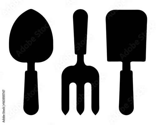 A silhouette of three essential gardening tools for planting and cultivating