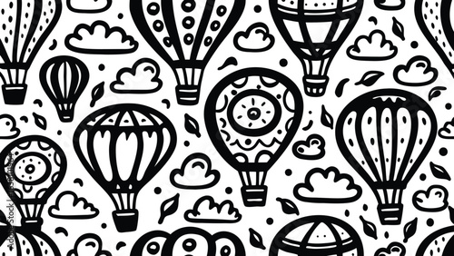 Black and white seamless pattern with hot air balloons clouds and leaves in a whimsical doodle style