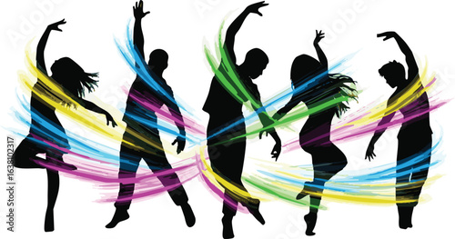need A modern Dynamic silhouettes of dancers showcasing vibrant movements against a clean white background