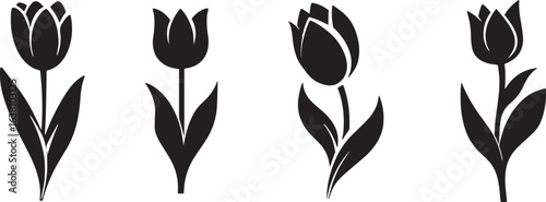Tulip Flower Silhouette Vector Set, Black Floral Design Icons for Decoration and Art