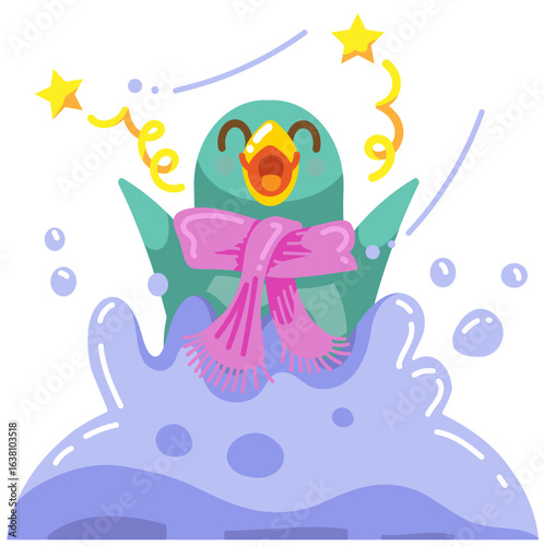  a cheerful cartoon penguin in the snow, likely celebrating or having fun during the winter season. 