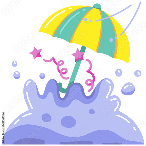  a cartoon illustration of a colorful umbrella, possibly a beach or summer-themed design, with water splashing around its base and decorative elements like stars and ribbons. 