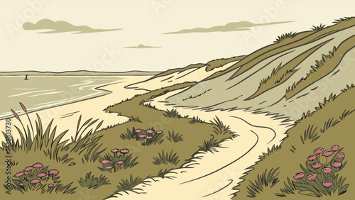 Scenic beach landscape illustration with dunes, flowers and walking path for travel and nature lovers