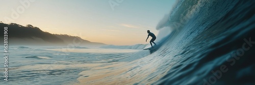A male surfer skillfully rides a large wave during sunset, capturing the essence of adventure and freedom.