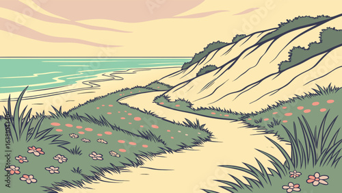 Coastal path scenic view illustration vector art landscape design with flowers and ocean view travel destination