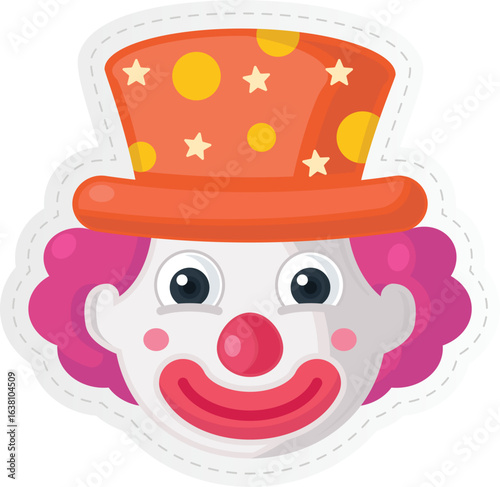  a cartoon illustration of a clown's head, complete with a colorful top hat adorned with stars and polka dots, pink curly hair, a white face with rosy cheeks, and a large red clown nose and smile. 