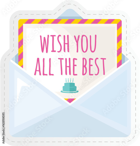 Wish you all the best" greeting card or sticker within an open envelope. 