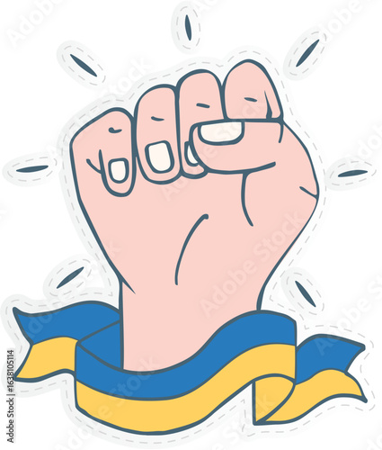 a raised fist colored with the blue and yellow of the Ukrainian flag. 