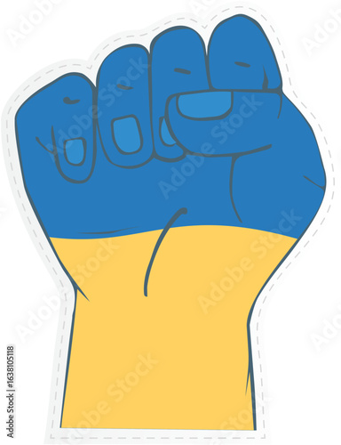 a raised fist colored with the blue and yellow of the Ukrainian flag. 